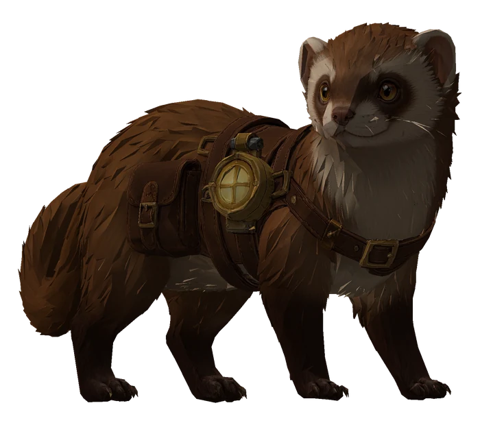 The Forager, a russet ferret with a satchel and a brass lantern